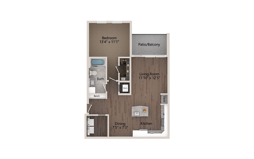 A1A - 1 bedroom floorplan layout with 1 bath and 949 square feet.