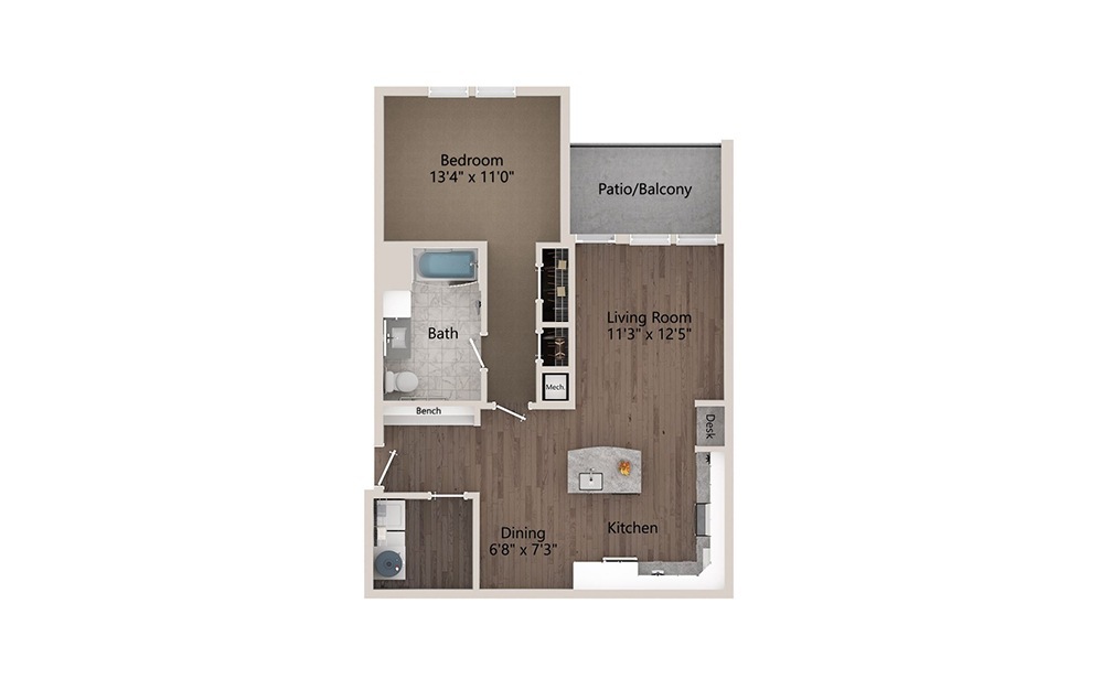 A1C - 1 bedroom floorplan layout with 1 bath and 1049 square feet.