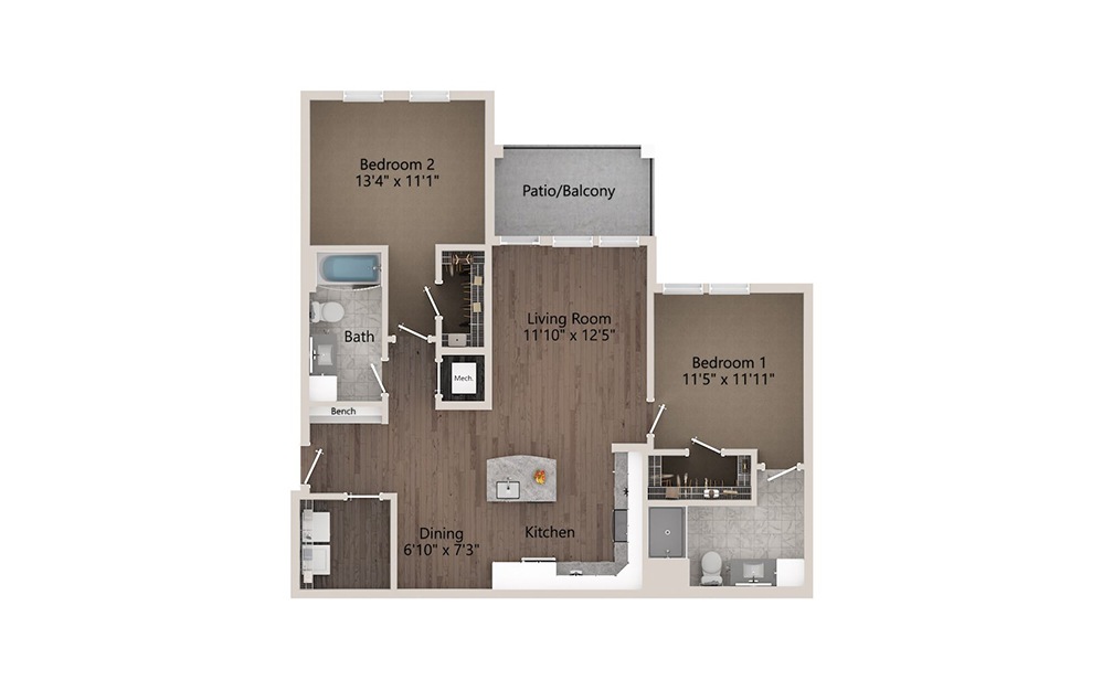 B2A - 2 bedroom floorplan layout with 2 baths and 1226 square feet.