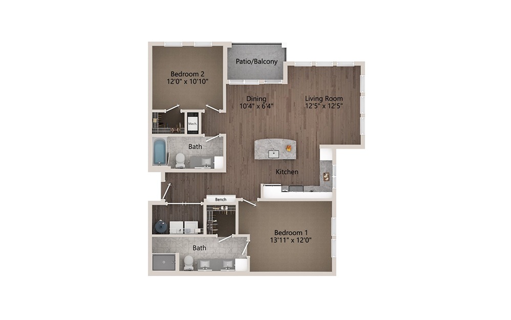 B2D - 2 bedroom floorplan layout with 2 baths and 1246 square feet.