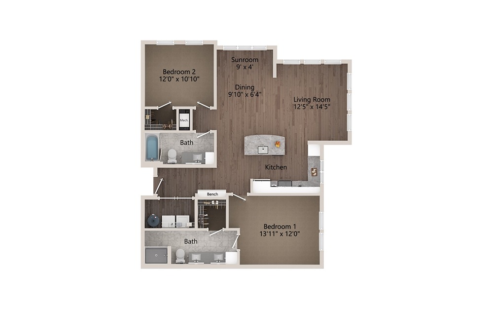 B2E - 2 bedroom floorplan layout with 2 baths and 1253 square feet.
