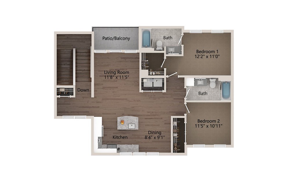 B2F - 2 bedroom floorplan layout with 2 baths and 1405 square feet. (Floor 1)