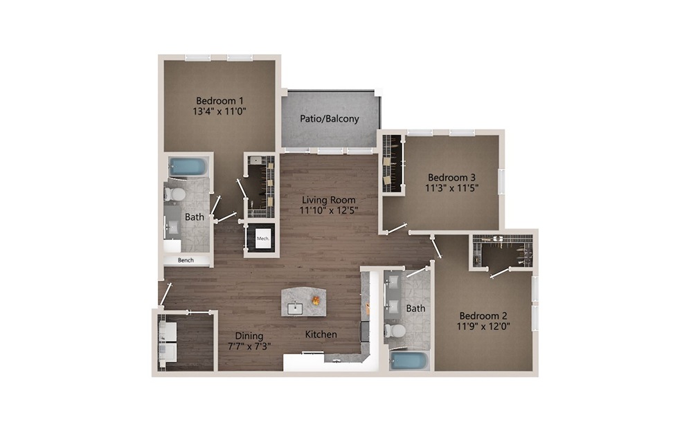 C2A - 3 bedroom floorplan layout with 2 baths and 1432 square feet.